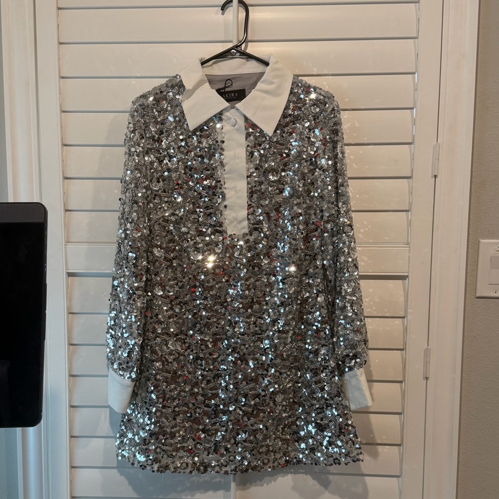 AKIRA Silver Sequin Dress with White Collar